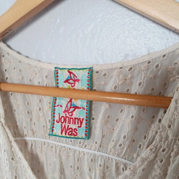 Johnny Was Ambre Midi Dress Embroidery Eyelet Empire Waist Ivory Cream L